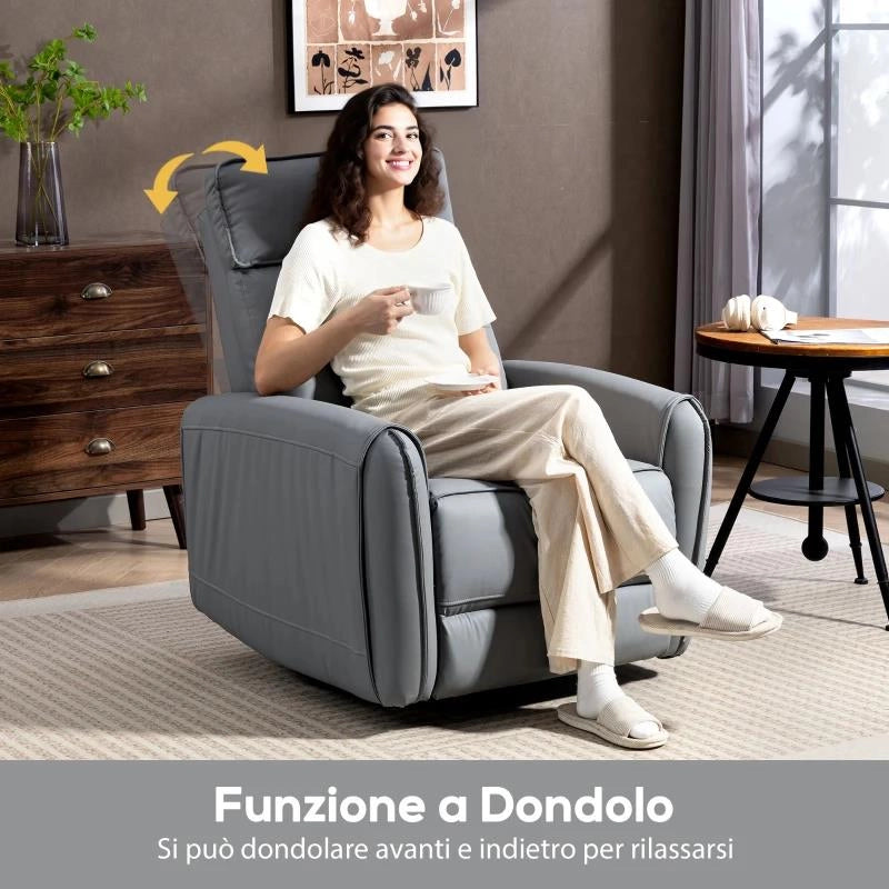 POLTRONA RELAX RECLINABILE MANUALMENTE CON POGGIAPIEDI IN TESSUTO EFFETTO PELLE E BASE GIREVOLE, GRIGIO
