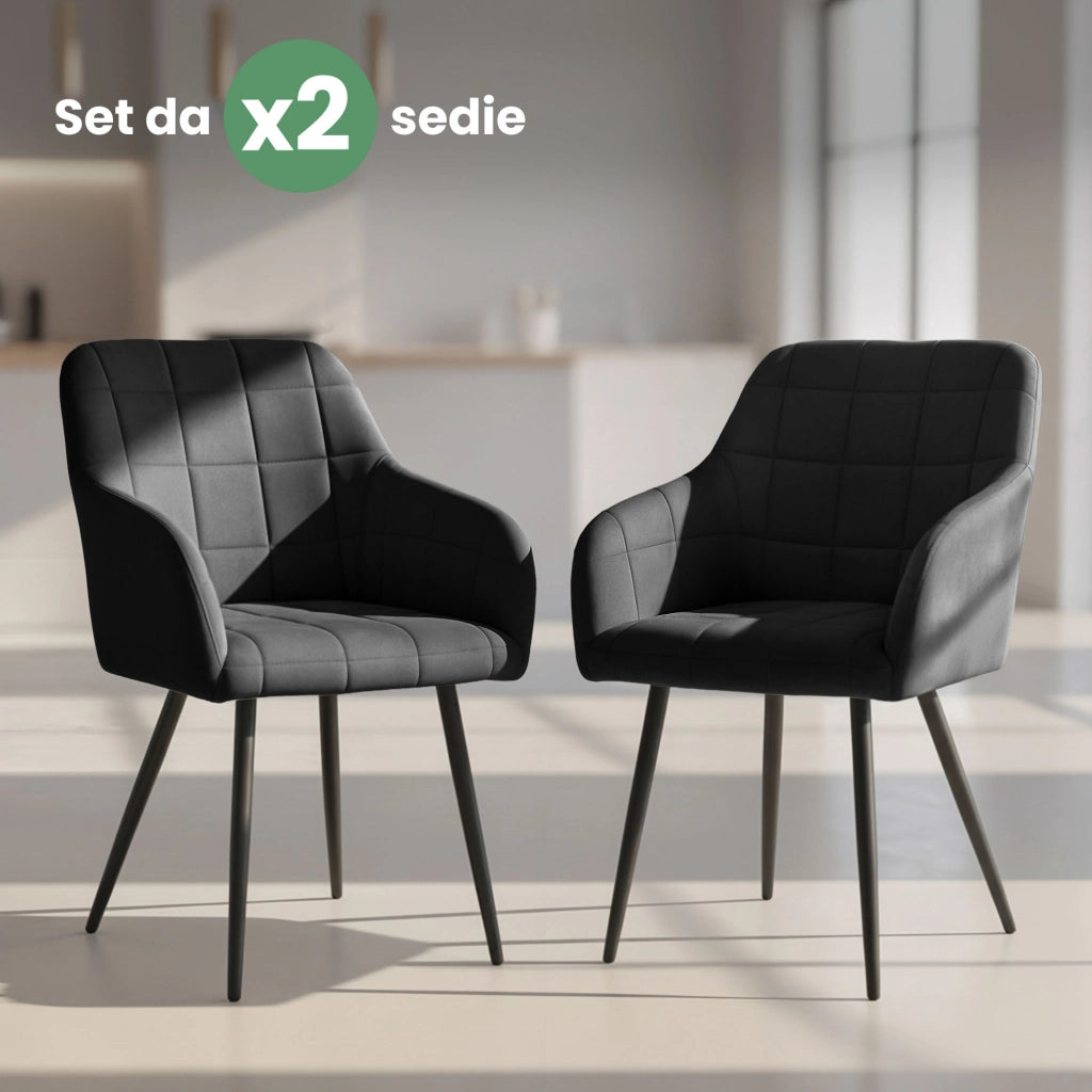 Set di 2 Sedie imbottite con cuciture quadrate LUXANO Nero gambe nere