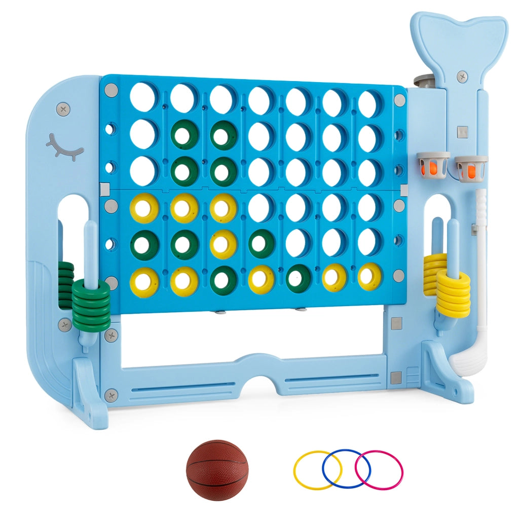 Forza 4 gigante altezza regolabile per bambini, Gioco 4 in linea 42 pedine pallone basket 2 palline mazza golf 3 anelli 2 portabicchieri Blu