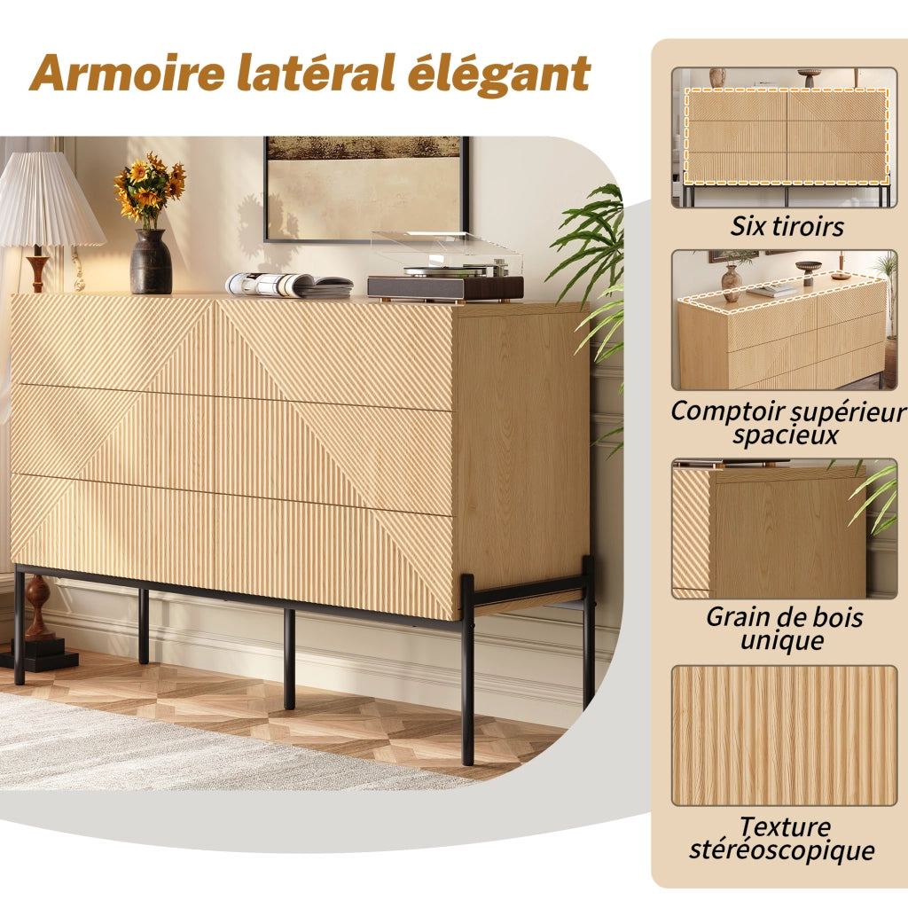 Credenza con 6 Cassetti e Gambe in Metallo; Frontale 3D Geometrico; Stile Moderno; in MDF; Naturale; 115;5??38??75 cm