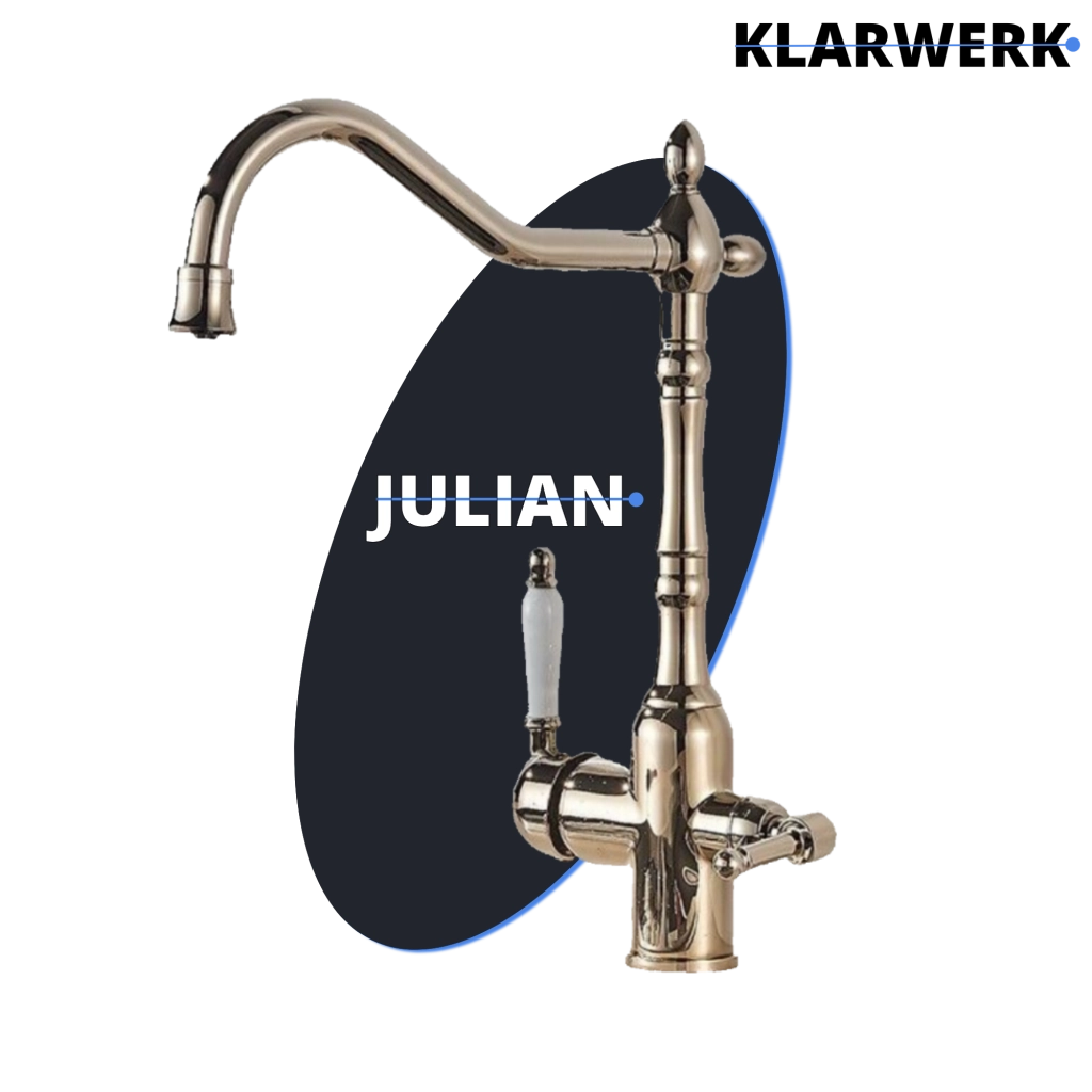 Julián | Estera filtro brillante dorado vintage de 3 vías | Grifo  Osmosis Acero Inoxidable Catering Cocina | monomando Retro filtro 360° 3 conexiones