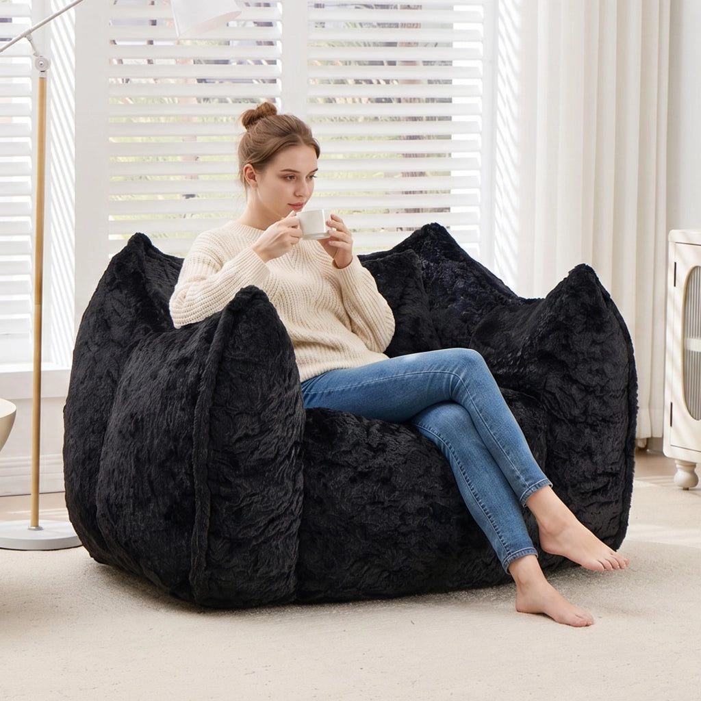 Pouf poltrona in pelliccia sintetica con schienale ergonomico e imbottitura in schiuma senza montaggio nero