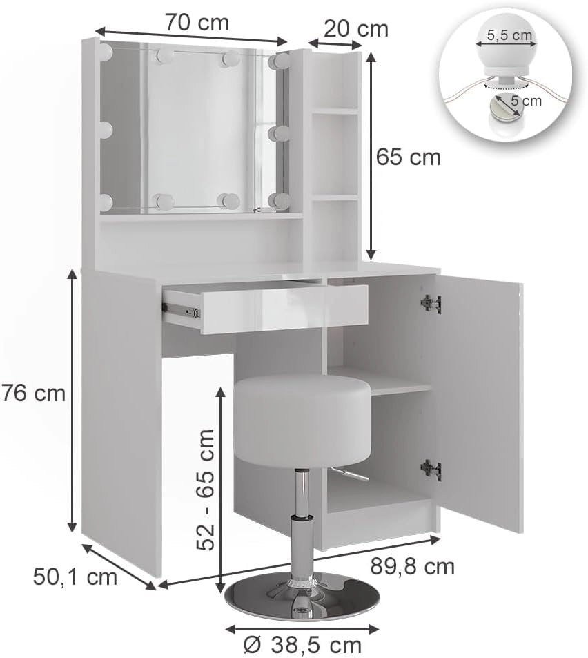 Tavolo da toeletta Sherry, Bianco/bianco lucido, 89.8 cm 5 parti