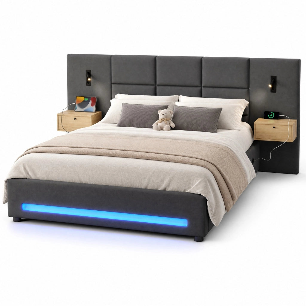 Letto Contenitore 180x200 cm; Letto Matrimoniale con Cassetti; USB-C e LED in Velluto Grigio