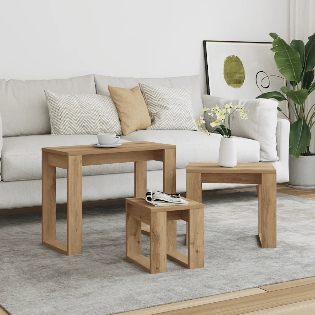 Nido di Tavoli 3 pz Rovere Artigianale in Legno Multistrato