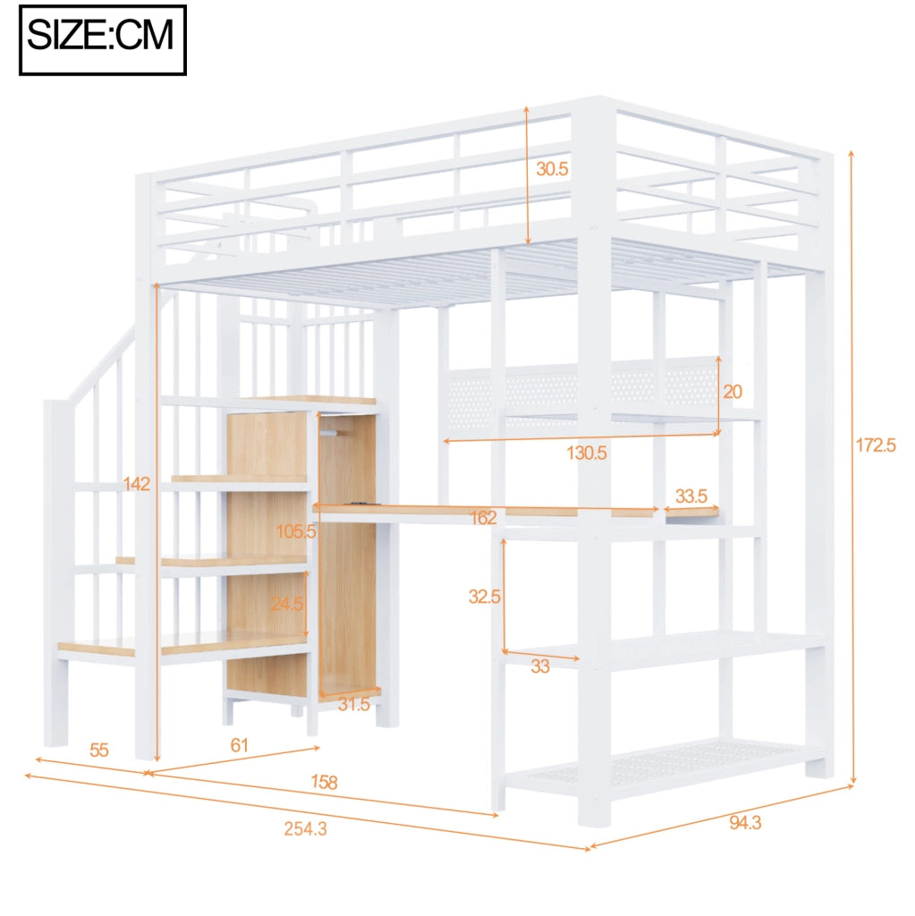 Letto a soppalco multifunzione 90x200 cm con scala contenitore; LED e prese; bianco