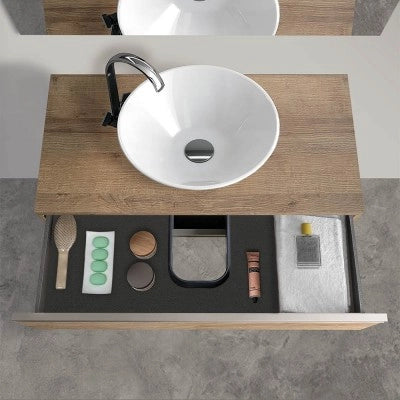 Mobile bagno sospeso 100 cm rovere miele con top e specchio tondo Master