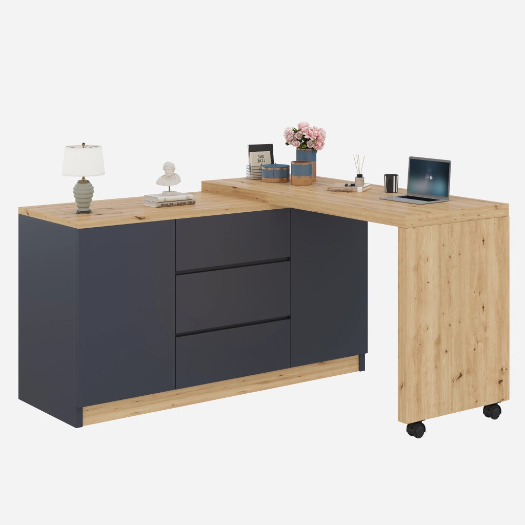 Scrivania pieghevole multifunzionale con 2 ante e 3 cassetti su ruote con freno in grigio quercia 120 × 50 × 76,5 cm