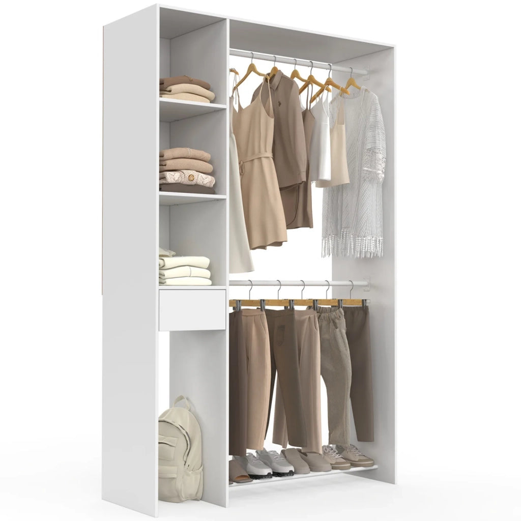 IDMarket - Cabina armadio doppia L. 110 cm MIRTY con ripiani + cassetto + vano porta scarpe bianco