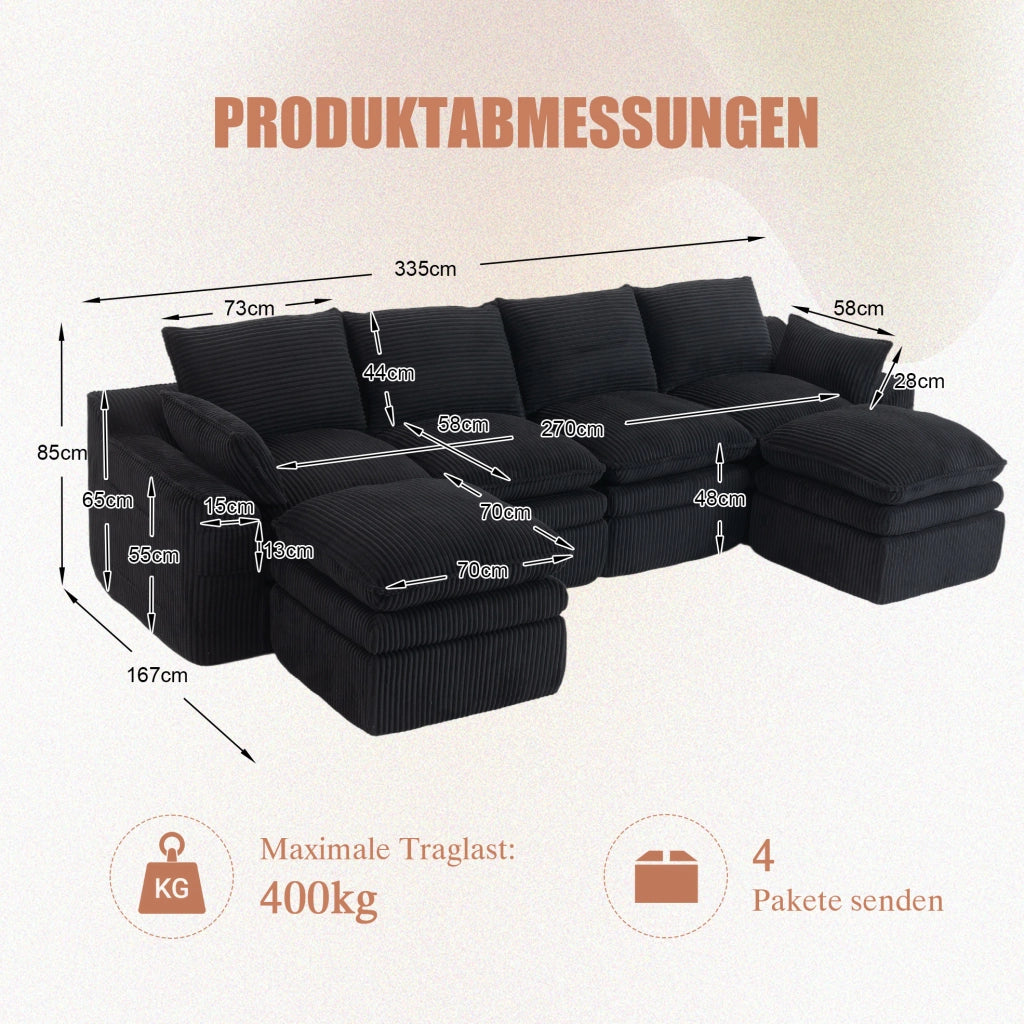 Divano modulare 4 posti in velluto a coste nero con 2 poggiapiedi; 335x167x85 cm