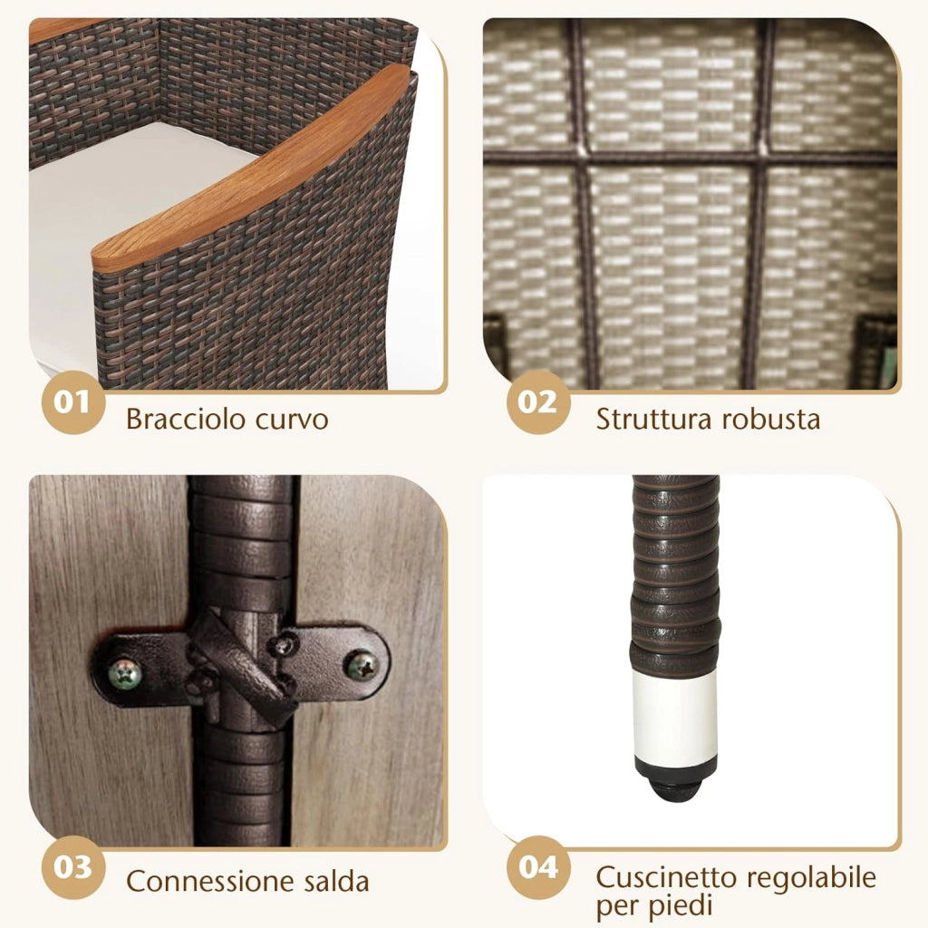 7 Pezzi Set di Mobili da Pranzo, Set Mobili da Giardino in Rattan PE con Piano in Legno di Acacia, 6 Sedie Impilabili e Cuscini Impermeabili, per Giardino Piscina e Cortile