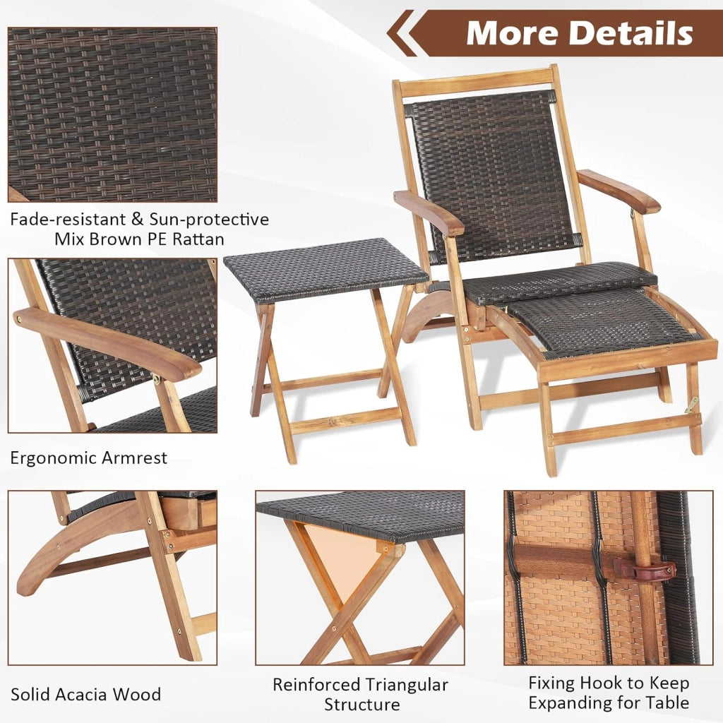 Set di 2 Mobili da Giardino Pieghevoli, Mobili da Giardino in Rattan, Sedia a Sdraio Retrattile con Tavolino Prendisole, Mobili Lounge per Giardino, Terrazza e Balcone