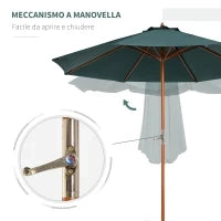 Ombrellone da giardino in legno di pioppo, copertura di poliestere Verde, Stabile, Anti-UV, Ø270 x 250cm