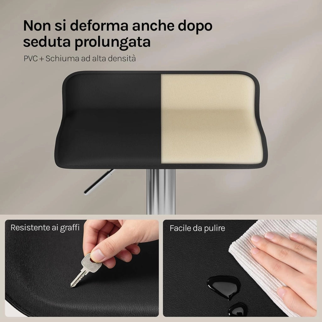 Sgabello da Cucina, Sgabello da Bar Colazione Regolabile in Altezza Girevole a 360°, per Bar, Cucina, Banco, Caffè, PVC+Metallo, con Poggiapiedi, Nero+Argento