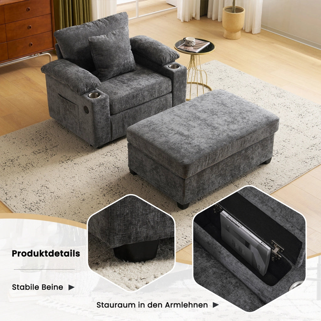 Fauteuil relax in ciniglia con portabicchieri, USB e tasche laterali, supporto ergonomico, grigio scuro
