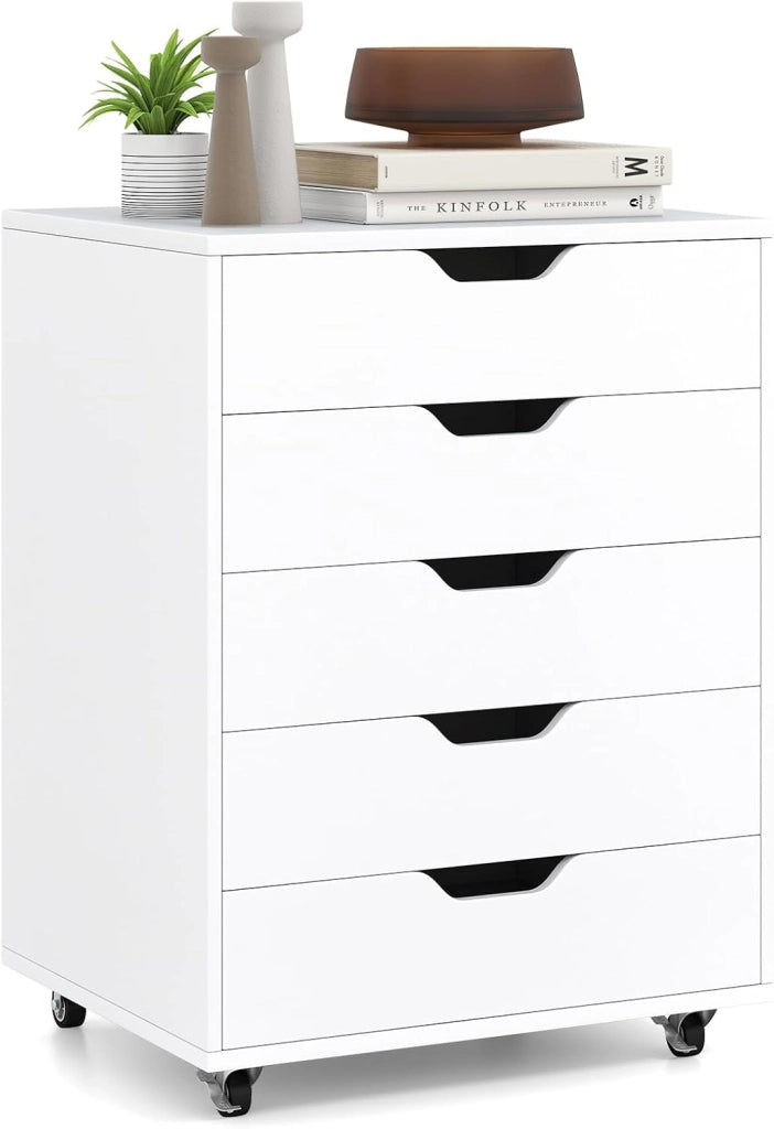 Cassettiera Ufficio con 5 Cassetti, Cassettiera Scrivania con Ruote Universali, Schedario Portadocumenti in Legno per Soggiorno, Camera da Letto, Studio, 49 x 42 x 66 cm (Naturale)