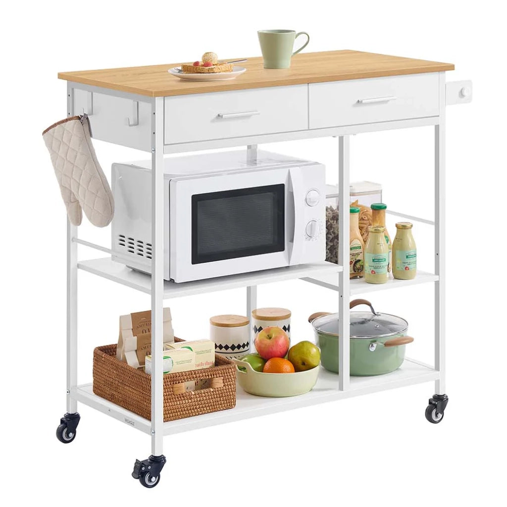 Carrello da cucina su ruote isola cucina mobile 45 x 60 x 90 cm con cassetto e 2 ganci per sala da pranzo rovere beige e bianco opaco 12_0008028