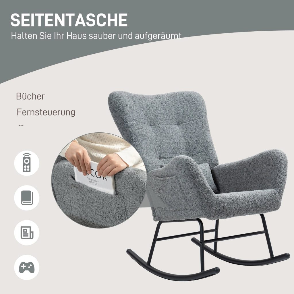 Sedia a dondolo con tasca laterale e struttura in metallo con tessuto teddy grigio per relax quotidiano 67 × 95 × 100 cm