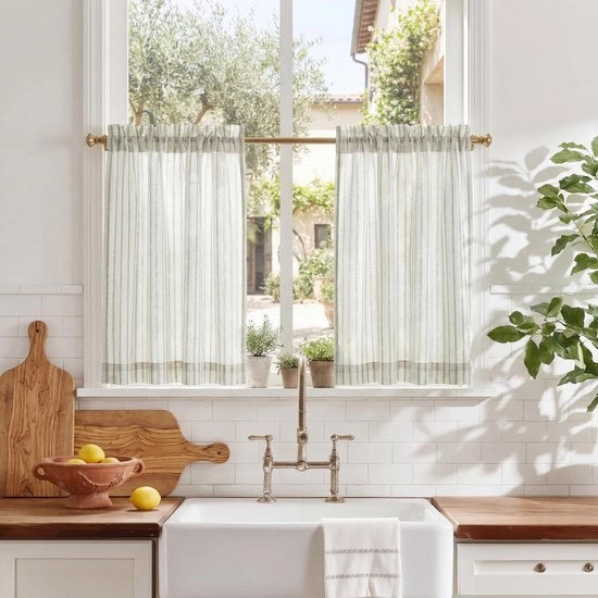 Tessuti di Lino per Tende a Mezza Luce - Pannelli di Tenda a Strisce - 2 Pannelli - 60B x 45H cm - Tasche per Maniglie - Stile Moderno