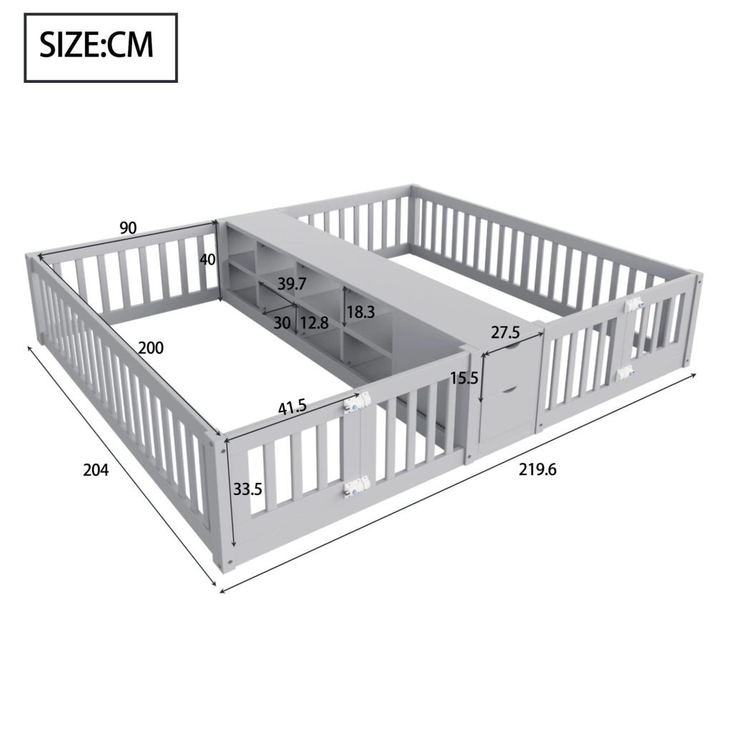 Letto doppio per bambini 90x200 cm con scaffale e 2 cassetti; in legno grigio