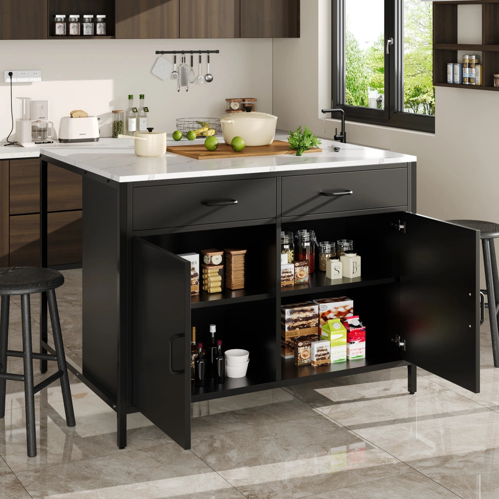Tavolo Alto con 2 Cassetti e Ripiano Regolabile; in MDF; Nero; per Cucina e Sala da Pranzo; 100 x 90 x 90 cm