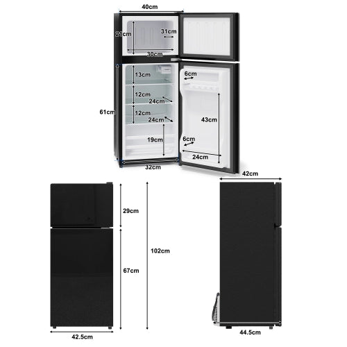 Mini frigorifero con congelatore; indipendente; volume totale 92L; congelatore da 28L; porta di vetro; illuminazione LED; basso rumore; mensole rimovibili in vetro; nero