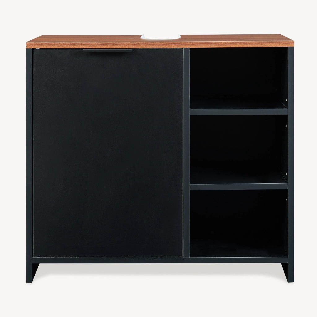 Mobile Sottolavabo Trond con Anta e 3 Vani Aperti 60 x 66 x 30 cm - Nero / Effetto Noce [en.casa]