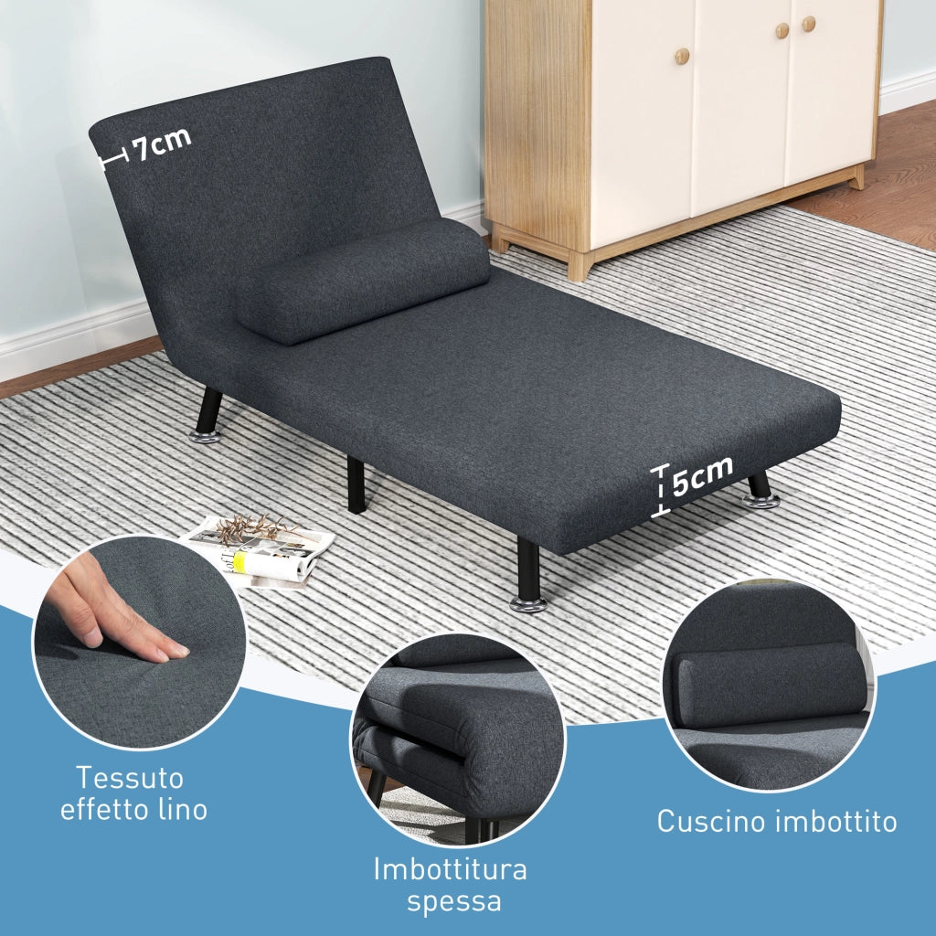 Poltrona Letto 3 in 1 con Schienale Regolabile e Cuscino, in Tessuto Effetto Lino e Acciaio, Grigio Scuro