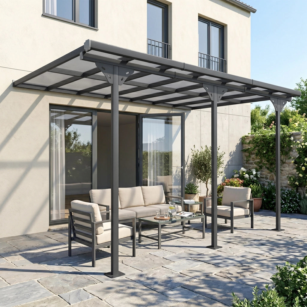 Pergola Addossata da Giardino ¨C zephmum ¨C Grigio Policarbonato Alluminio 440x300cm