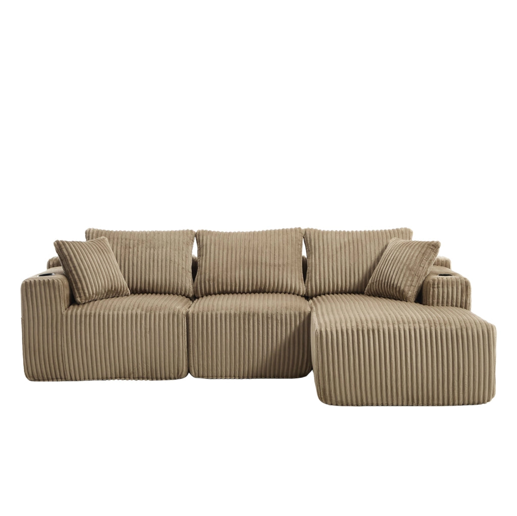 Divano modulare ULEVR con chaise longue e modulo 2 posti, 5 cuscini, portabevande e tasche laterali, velluto a coste kaki