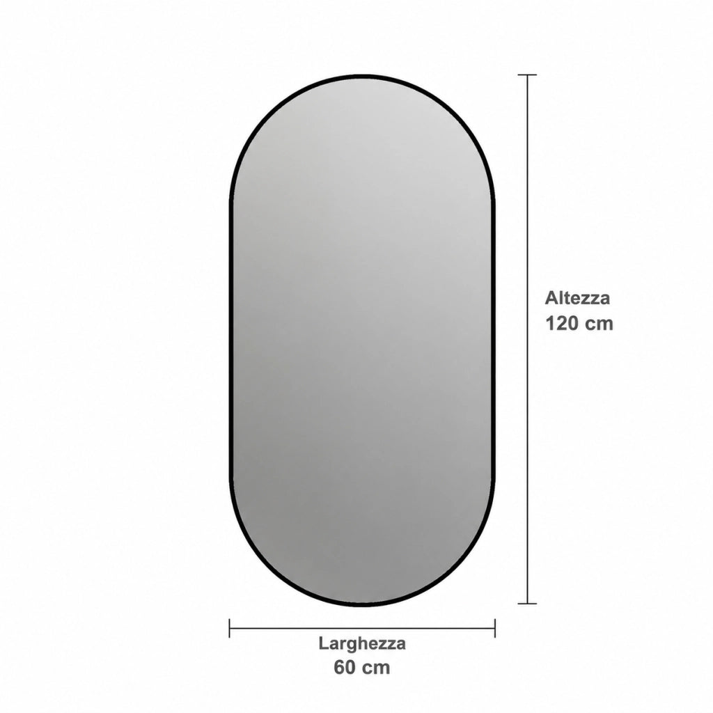 Specchio da parete 60x120 cm a capsula con cornice in alluminio nero; installazione orizzontale o verticale