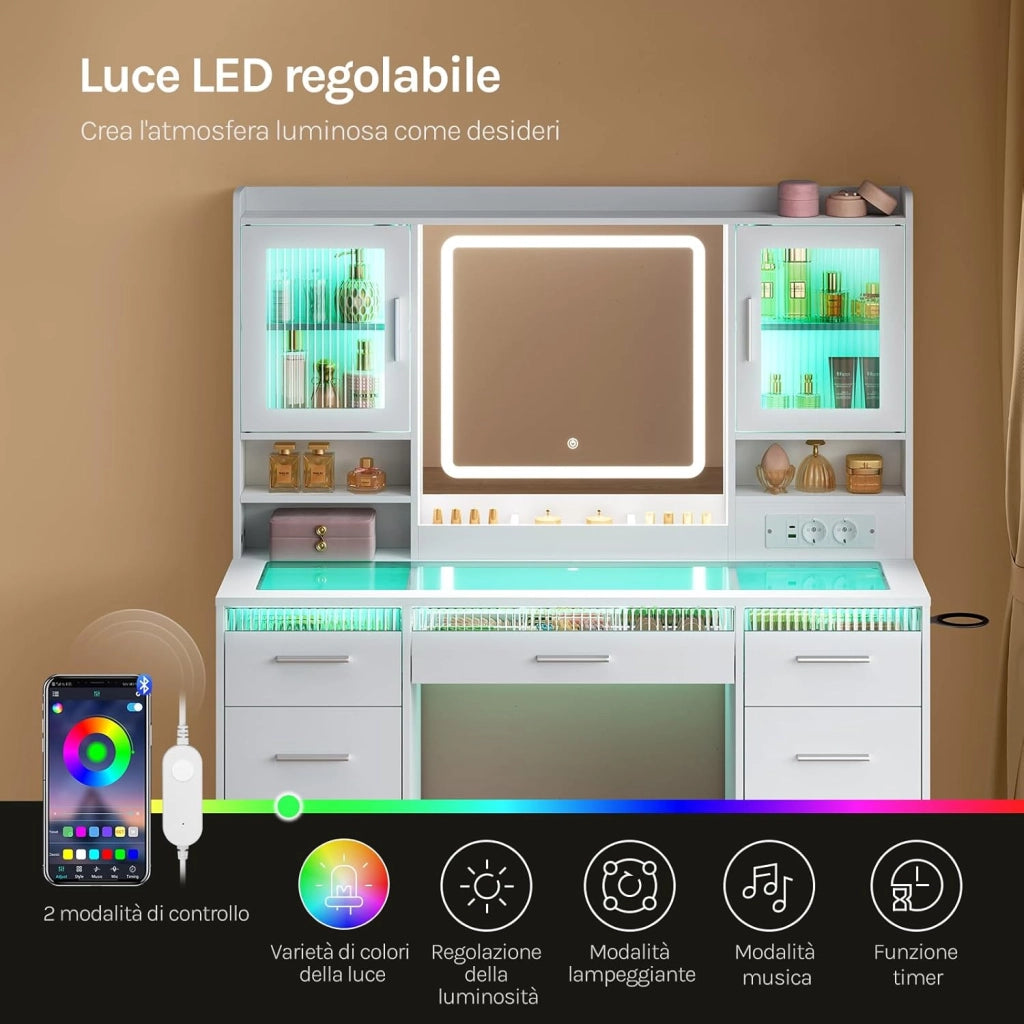 Toeletta con Specchio e LED Regolabili, 2 Armadietti con Ante e Luci RGB, 9 Cassetti e Multipresa, Piano in Vetro Temperato, Postazione Trucco, per Camera da Letto, Cabina Armadio, Bianco