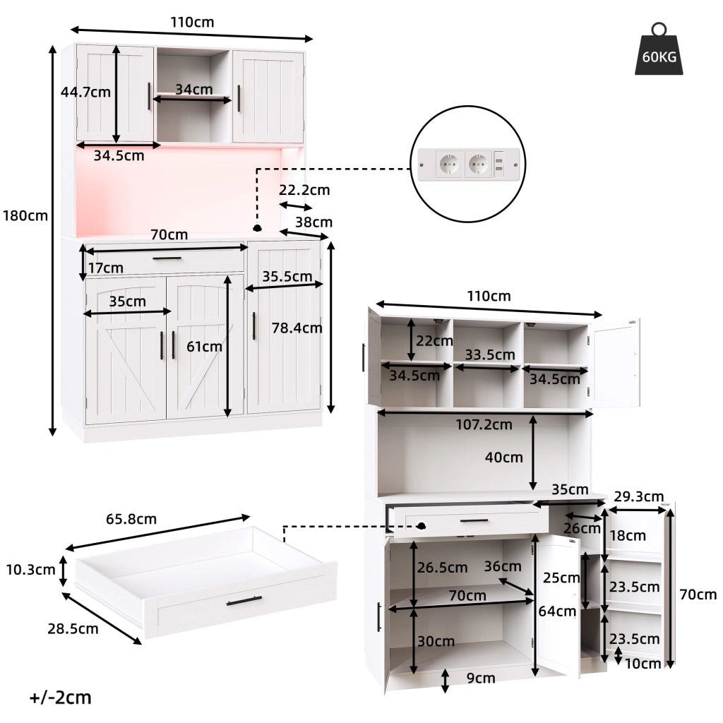 Credenza da Cucina Alta con 5 Ante; LED e Presa Multipla con USB; in MDF; 110 x 38 x 180 cm; Bianca