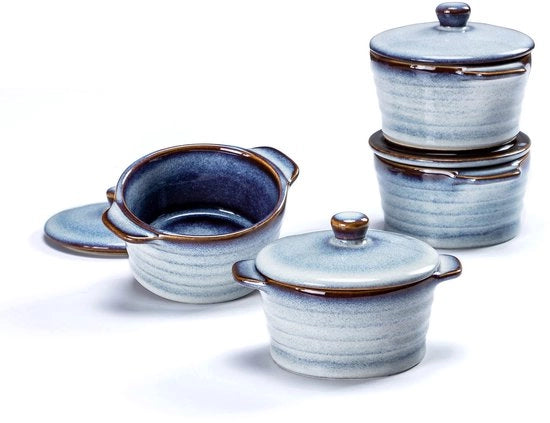 Set di Mini Cocotte in Ceramica - 4 pezzi - Resistenti al forno - Blu - Ideali per Soia e Crème Brûlée