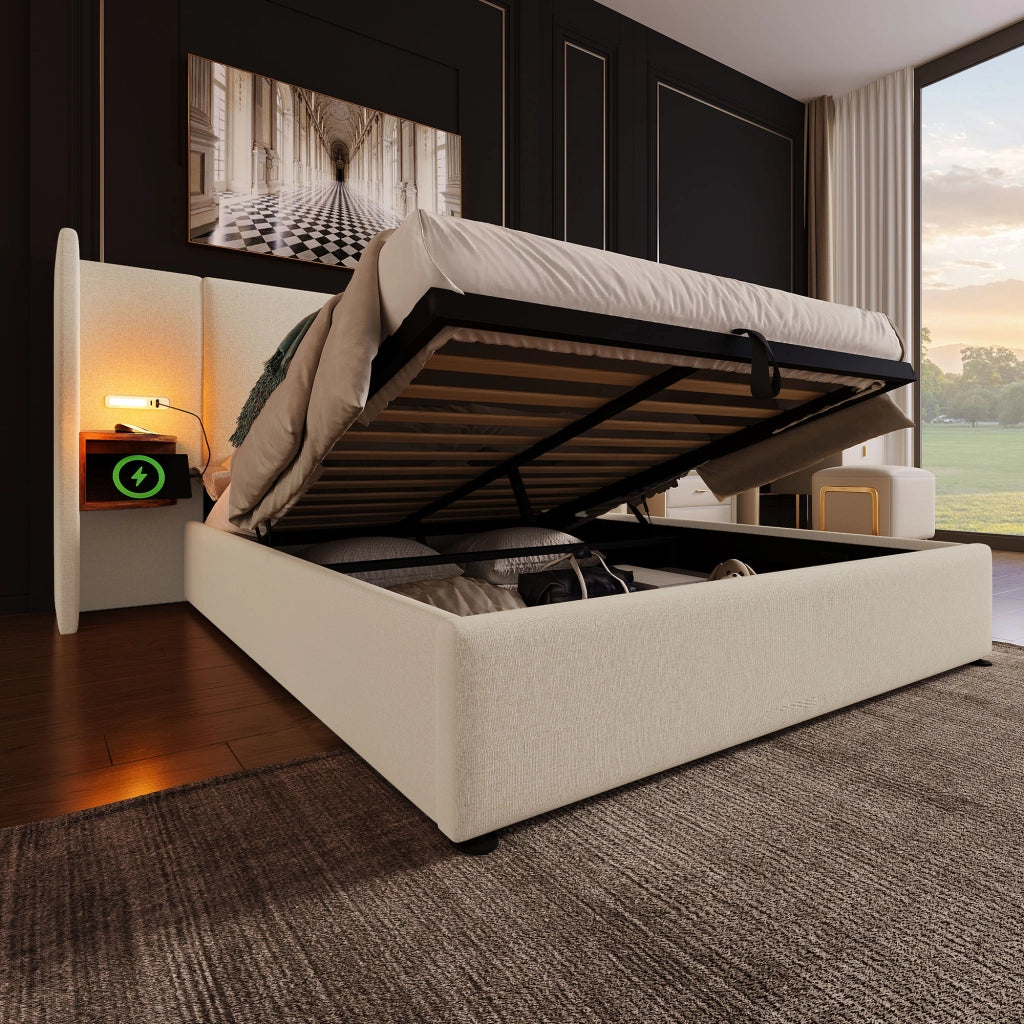 LETTO Contenitore 160x200 cm Beige in lino con testiera multifunzione
