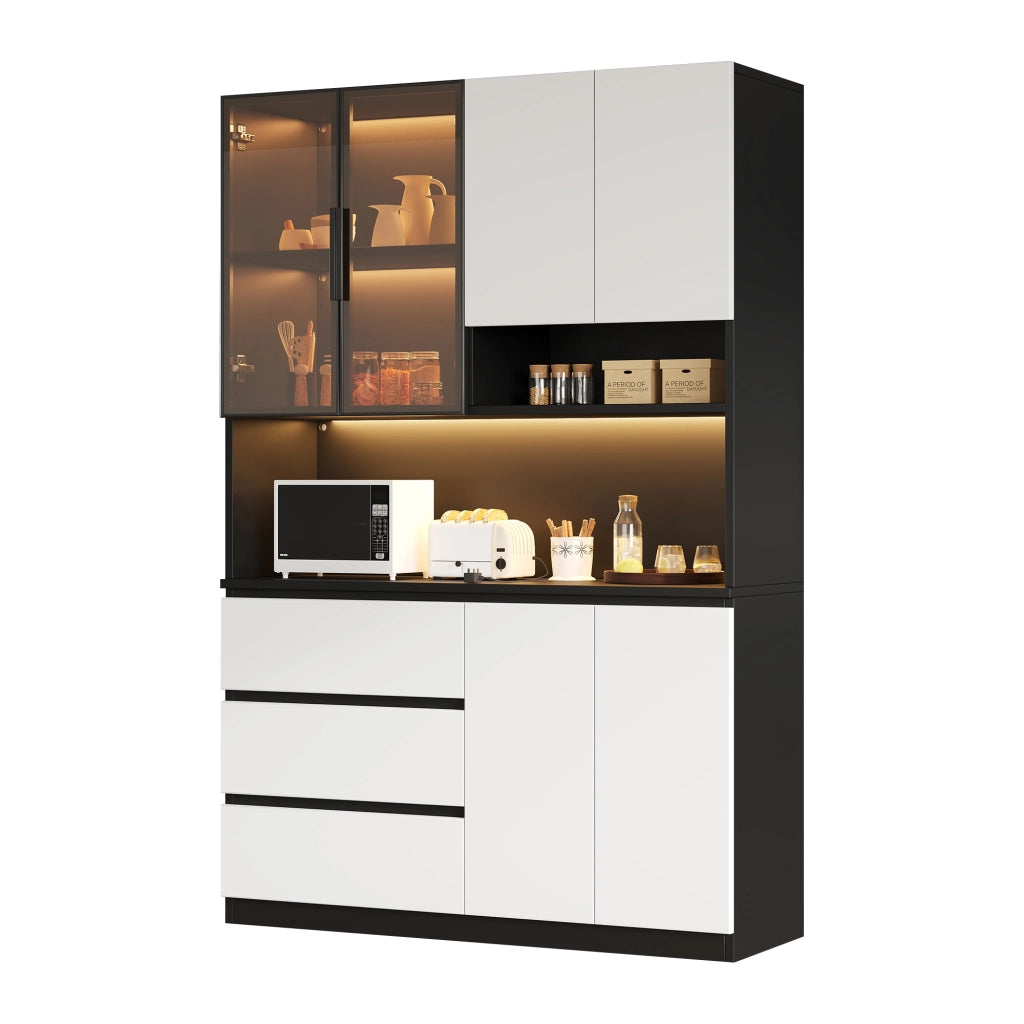 Credenza da cucina con 6 ante; 3 cassetti e LED - per cucina - 120.5×40×180 cm - bianco e nero