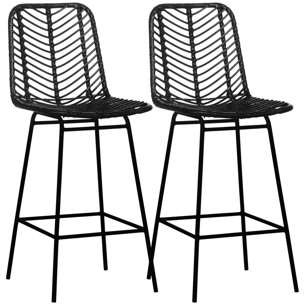 Sgabelli da bar design bohemien con poggiapiedi ¨C zephmum ¨C metallo e rattan, nero, 66 cm