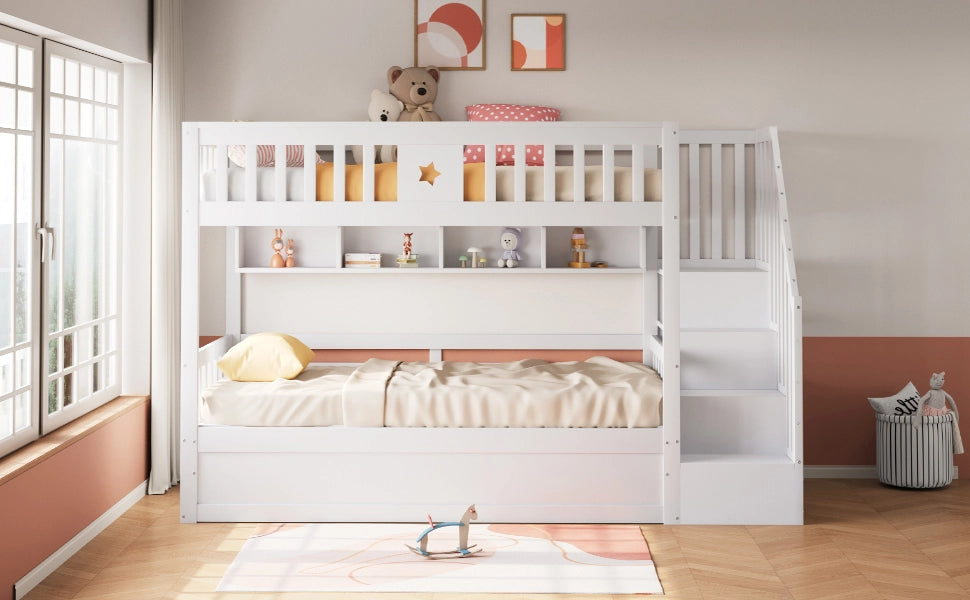 DESMIU Letto a castello 90 × 200 cm 1 posto con mensole, scala contenitore e letto idraulico, senza materasso, bianco