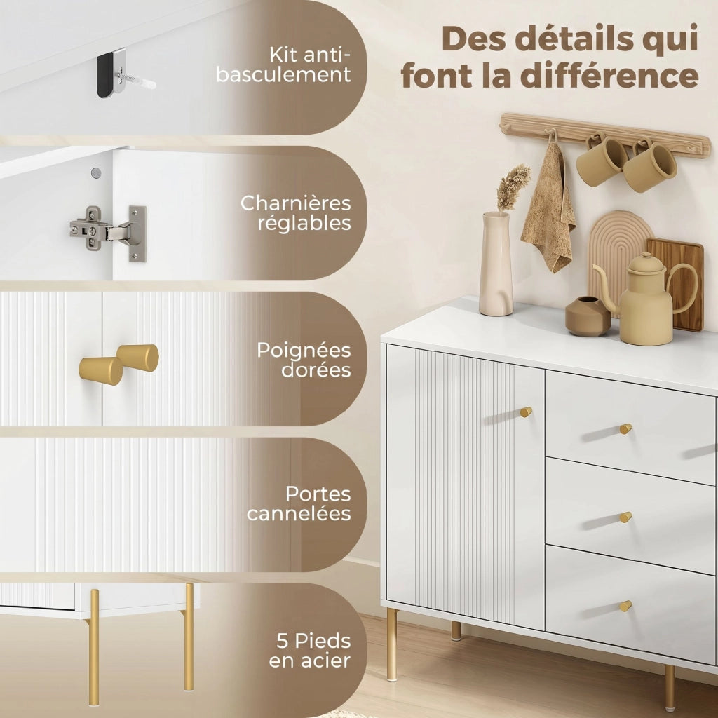 Buffet da cucina ¨C zephmum ¨C bianco, acciaio, 5 gambe, 2 porte, 3 cassetti