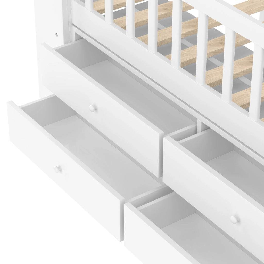 Letto semialto per bambini 90x200 cm a casetta con LED, scala contenitore e cassetti, bianco