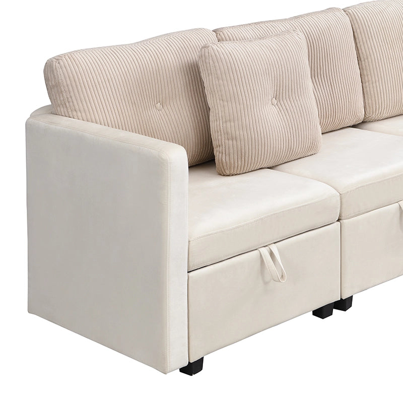 Divano modulare a U 6 posti con vano contenitore; velluto e corduroy a contrasto; in schiuma; beige