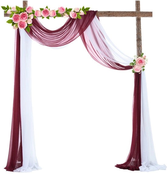 Slender Chiffon, tenda da sposa, con nastri, chiffon con drappeggio per decorazione di cerimonia, sfondo, tenda da festa di gesso - Bianco Rosso - 75*550cm