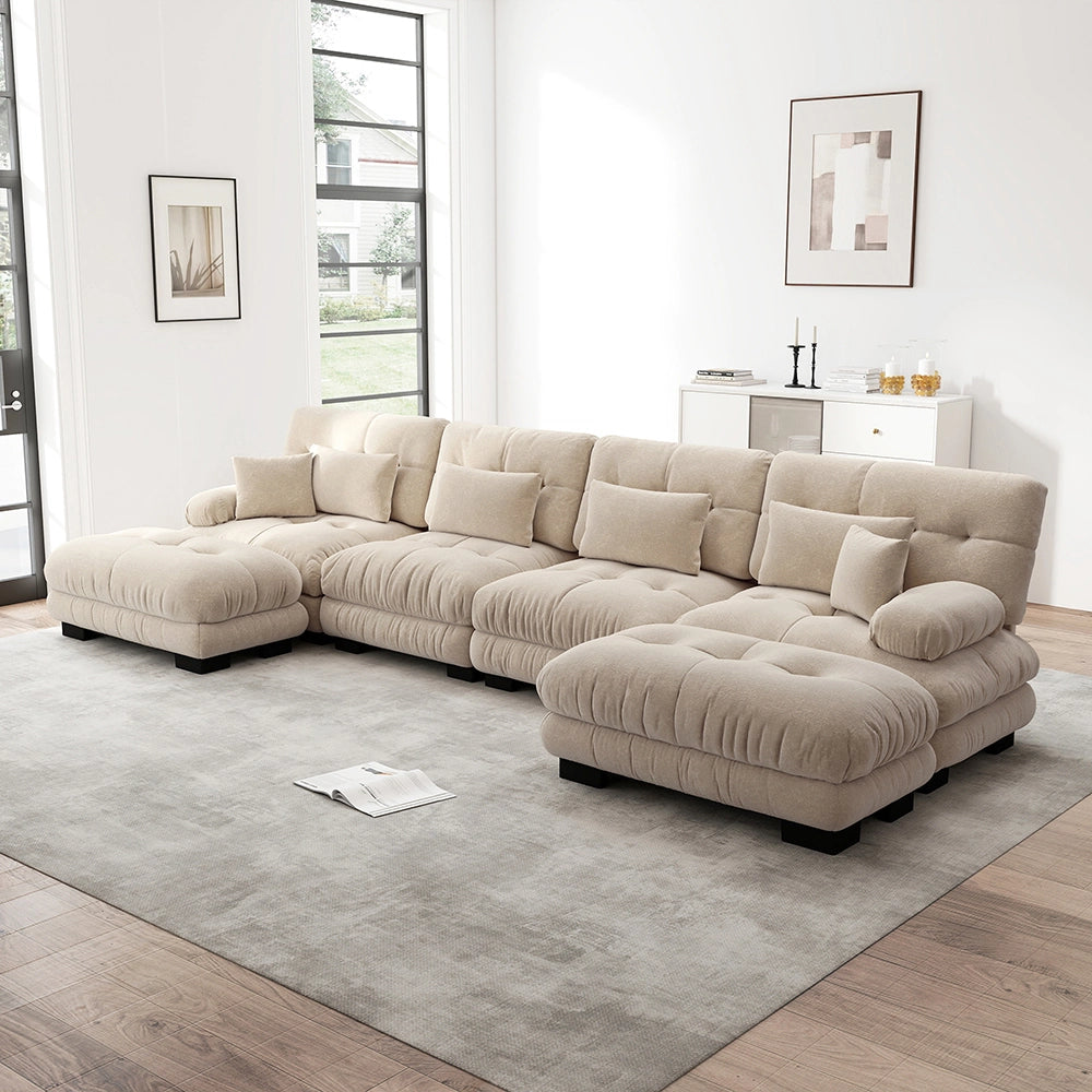 Divano angolare modulare - Xylo - Configurazione U, 4 posti con pouf removibile, chenille marrone chiaro