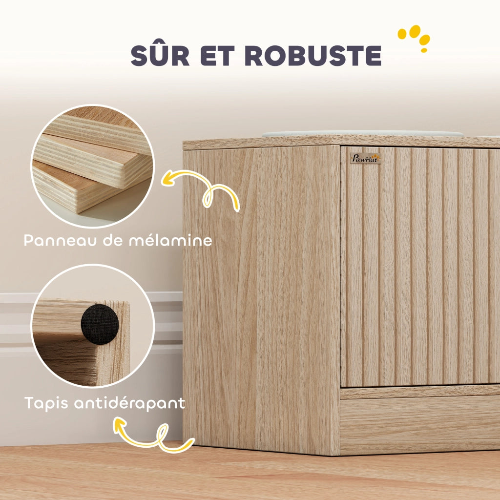 Ciotole rialzate per cani con contenitore 40L ¨C Xylo ¨C 2 ciotole inox 60x30x35,5cm quercia