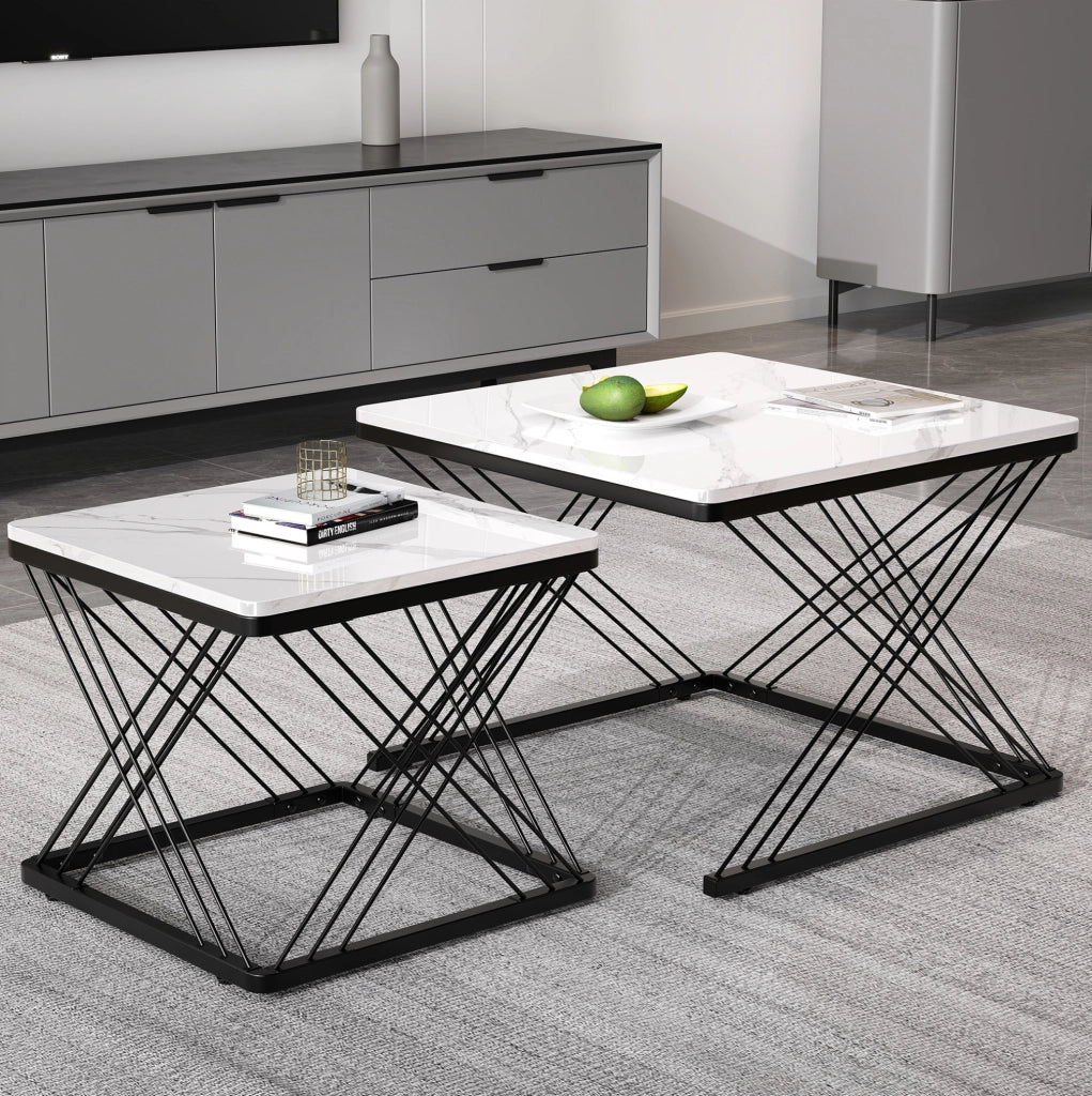Set 2 tavolini da salotto quadrati con effetto marmo lucido; piedi regolabili; MDF; bianco e nero