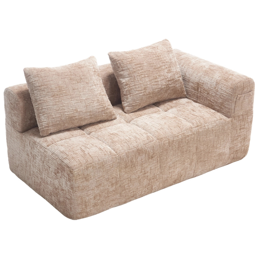 Divano comodo 2 posti in tessuto khaki con chaise longue, cuscino incluso e tasche laterali