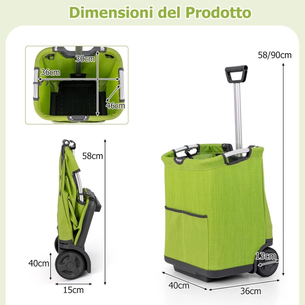 Carrello Spesa Pieghevole in Alluminio, Trolley Spesa con Ruote, Tasche Multiple e Manico Telescopico Regolabile, Capacità 50L, Caricabile fino a 35 kg (Verde)