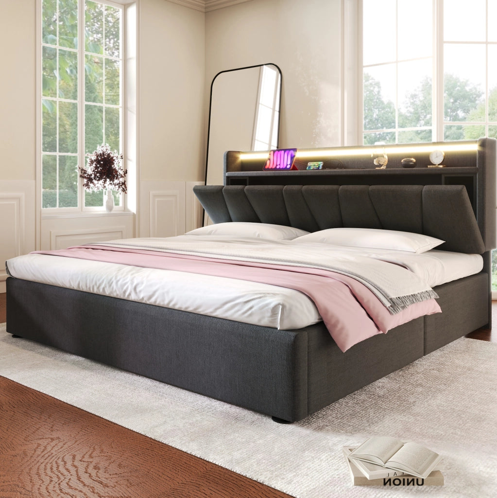 Letto matrimoniale imbottito 140x190 cm con contenitore; LED e prese USB; grigio