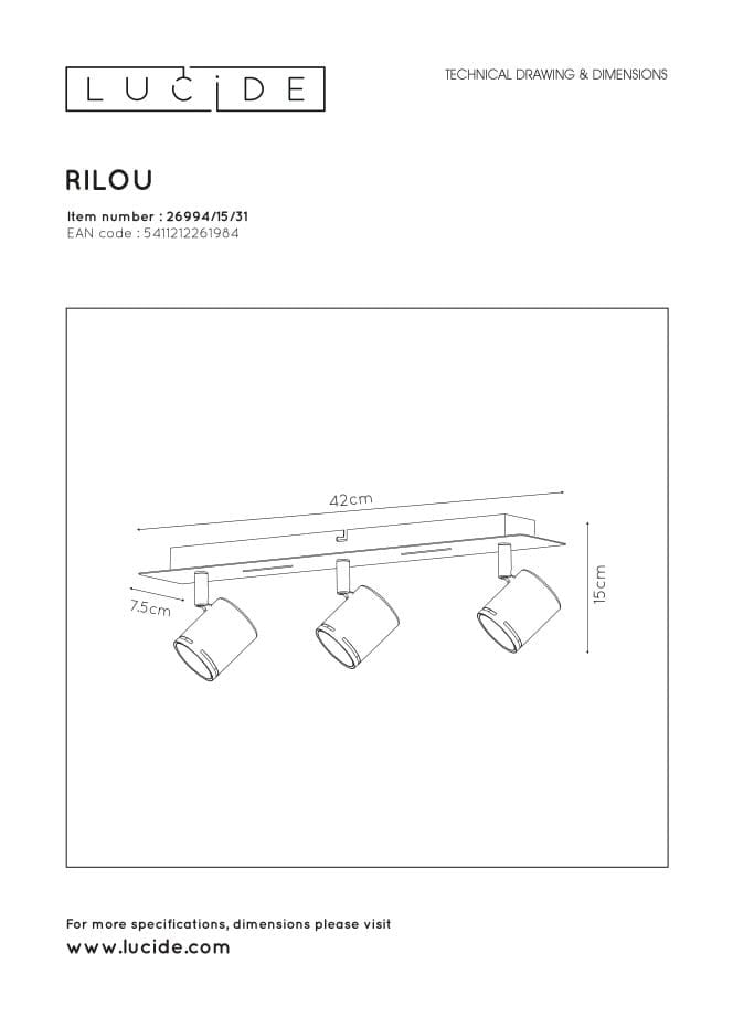 Lucide Rilou barra 3 faretti GU10 4,5W 3000K bianca