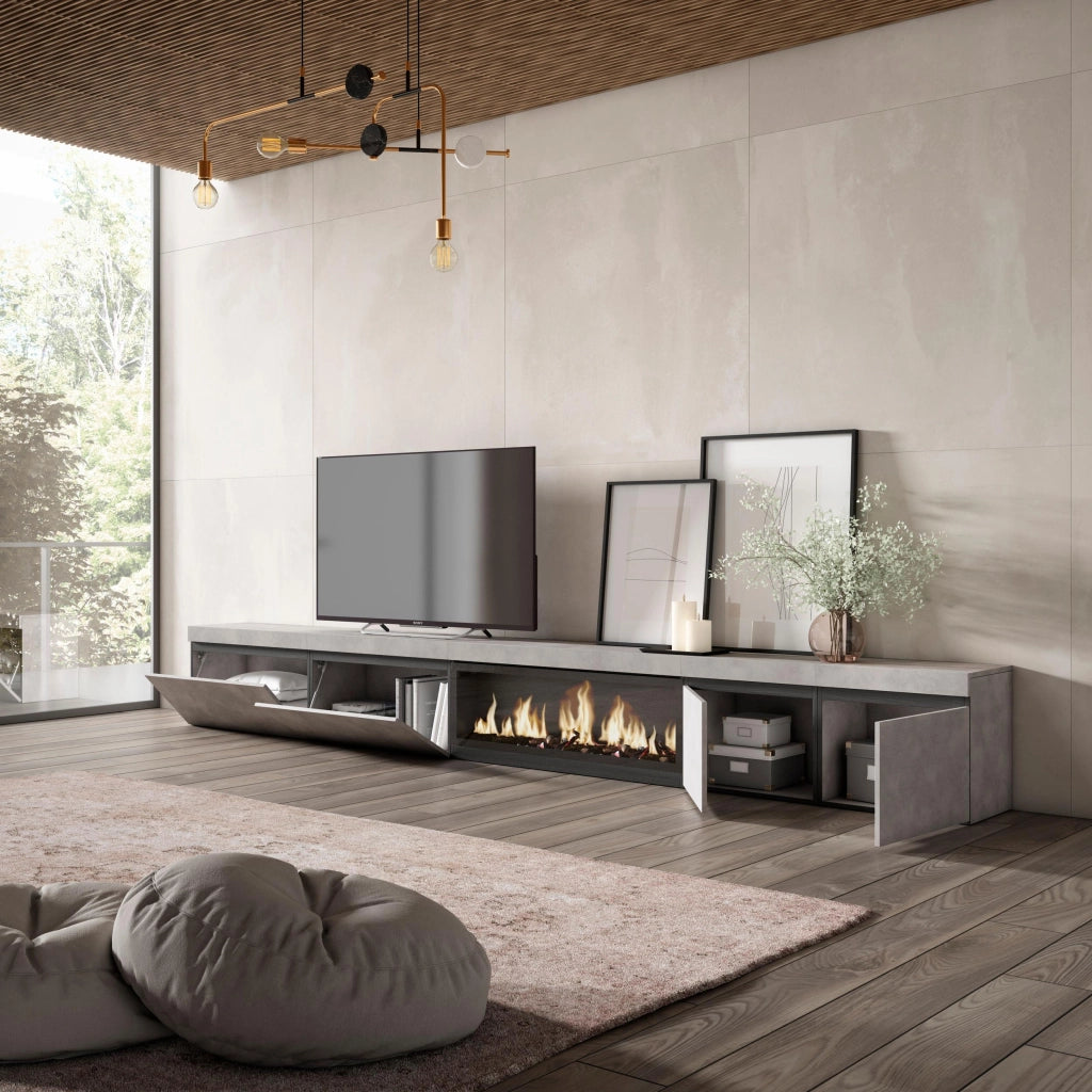 Mobile TV Soggiorno, 368x35x45, Camino elettrico XXL, grigio cemento RF3678